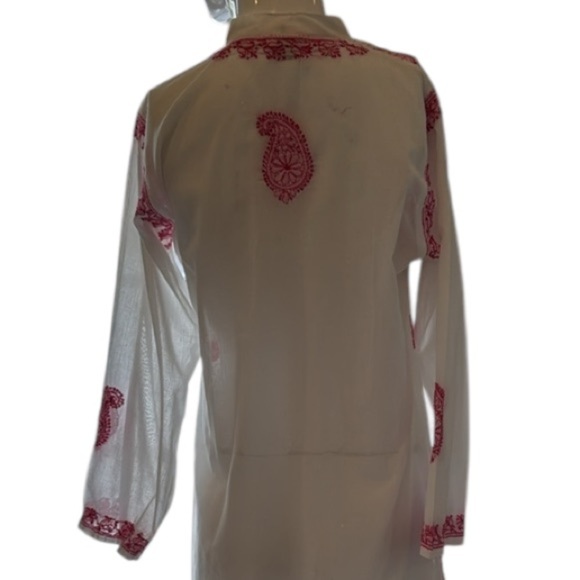 Indika White Sheer Cotton Tunic with Pink Paisley & Floral Embroidery Size Small - Picture 9 of 12
